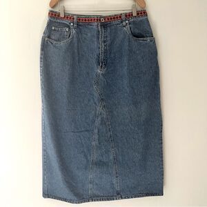 Venezia Vintage Denim Midi Skirt Western Ribbon Trim Size Large Cowboy Rodeo